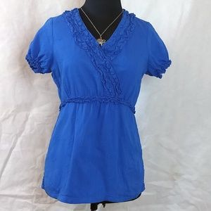 Blue Top w/Floral Pattern & Ruffle Trim